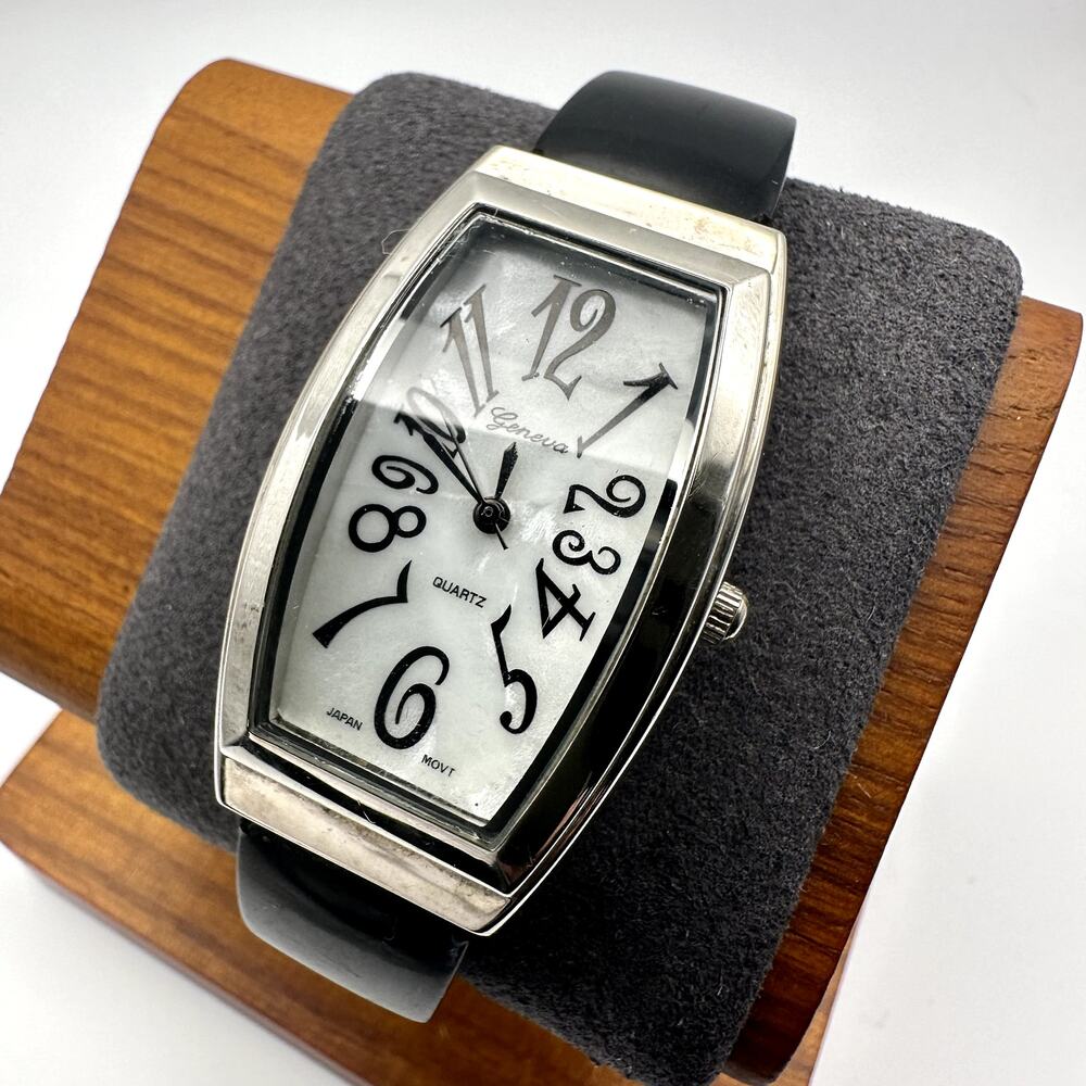 Geneva Women's Silver Tone Tonneau Quartz Watch Black Strap